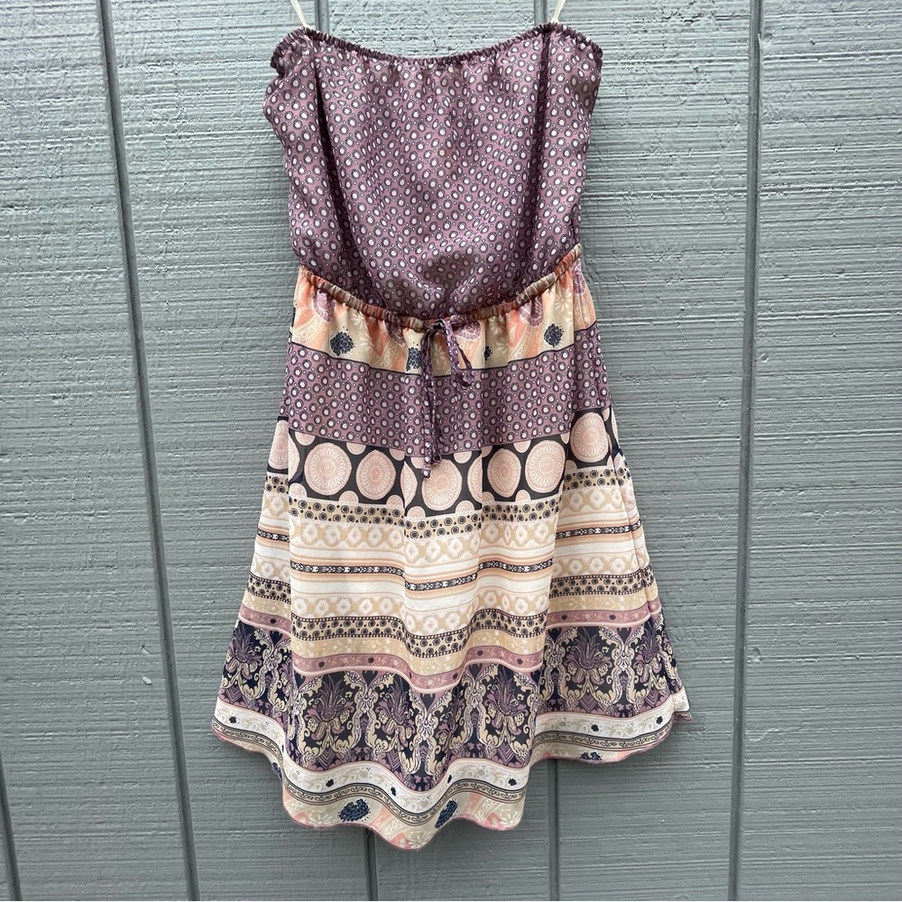 Mudd Vintage Y2K Strapless Summer Dress Boho Print Plum Beige Women’s Size M